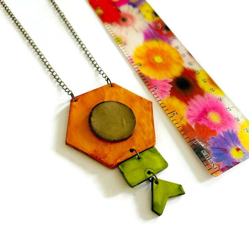 Rustic Geometric Statement Pendant Handmade Orange and Green by Sassy Sacha Designs 3