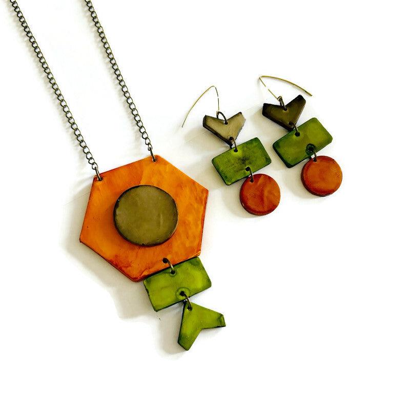 Rustic Geometric Statement Pendant Handmade Orange and Green by Sassy Sacha Designs with matching earrings