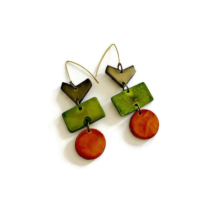 Rustic Geometric Statement earrings Handmade Orange and Green by Sassy Sacha Designs