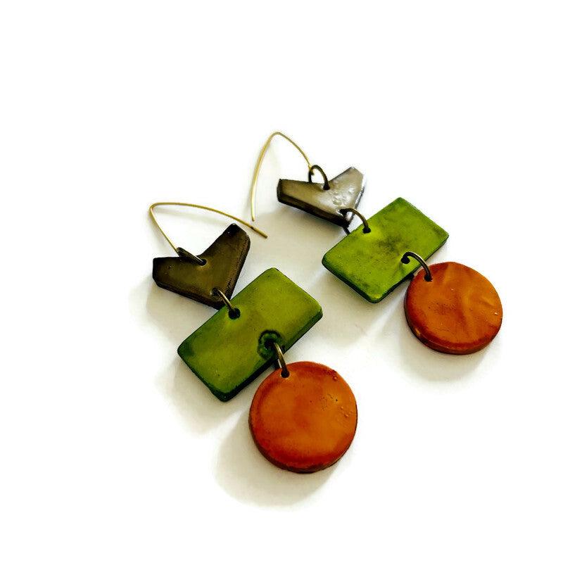 Rustic Geometric Statement earrings 2 Handmade Orange and Green by Sassy Sacha Designs