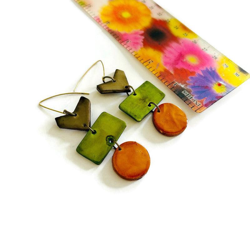 Rustic Geometric Statement earrings 3 Handmade Orange and Green by Sassy Sacha Designs