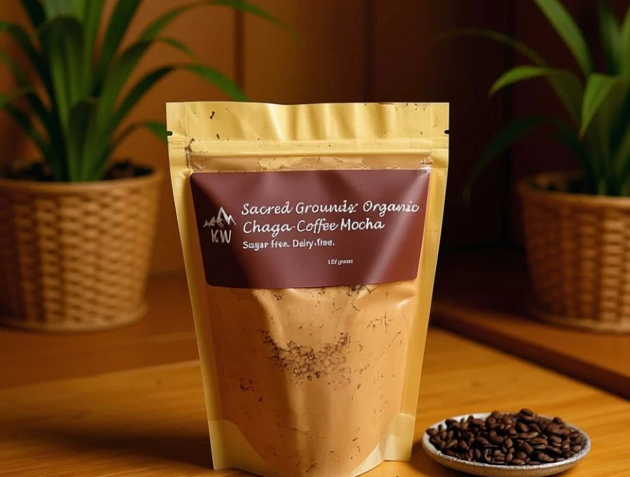 Sacred Grounds Organic Chaga Coffee Mocha package on a wooden surface with coffee beans and plants in the background.
