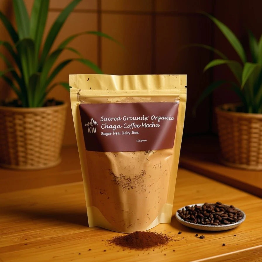 Sacred Grounds Organic Chaga Coffee Mocha package on a wooden surface with coffee beans and plants in the background.