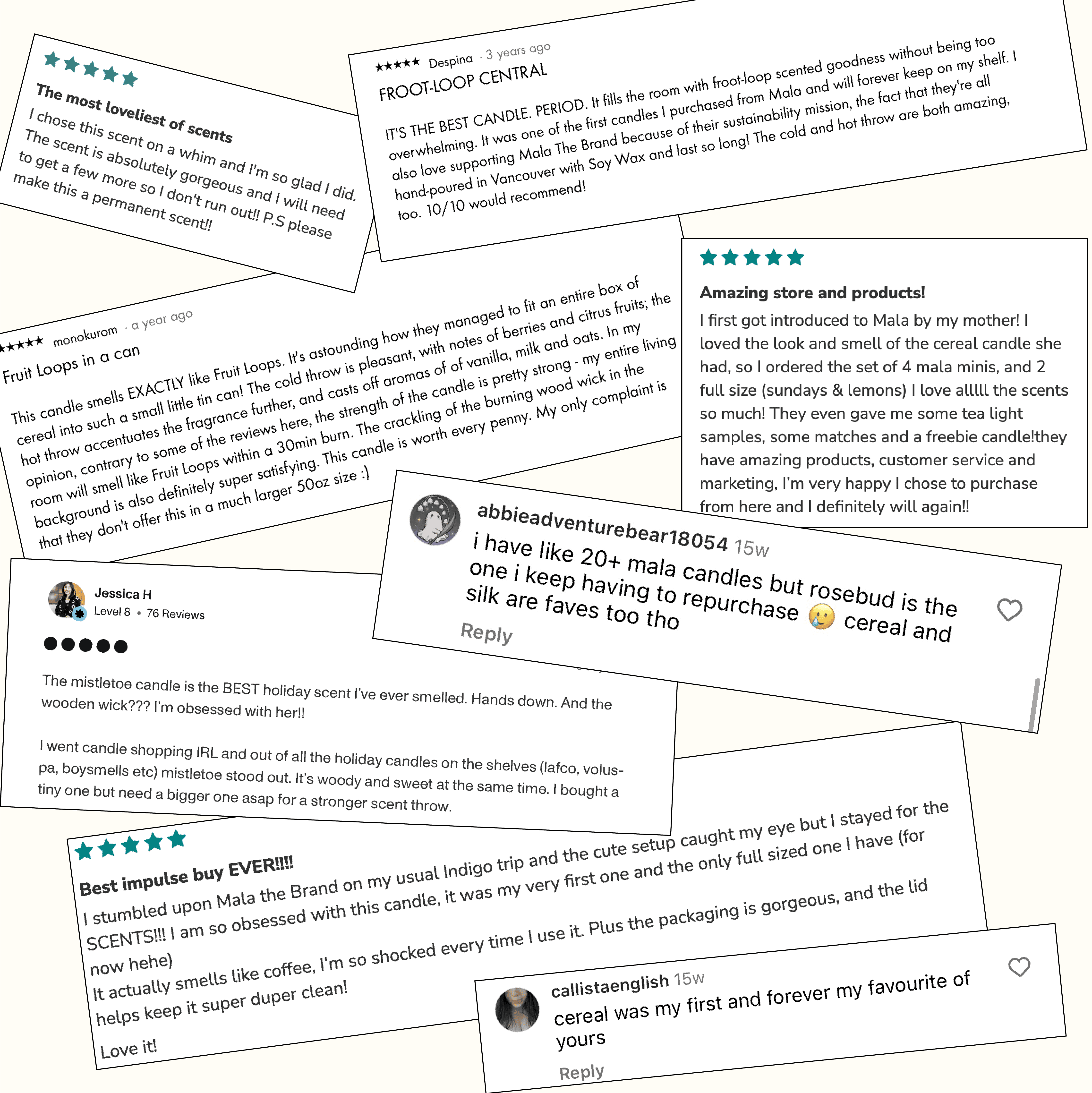 Collage of positive reviews for a candle brand on a white background