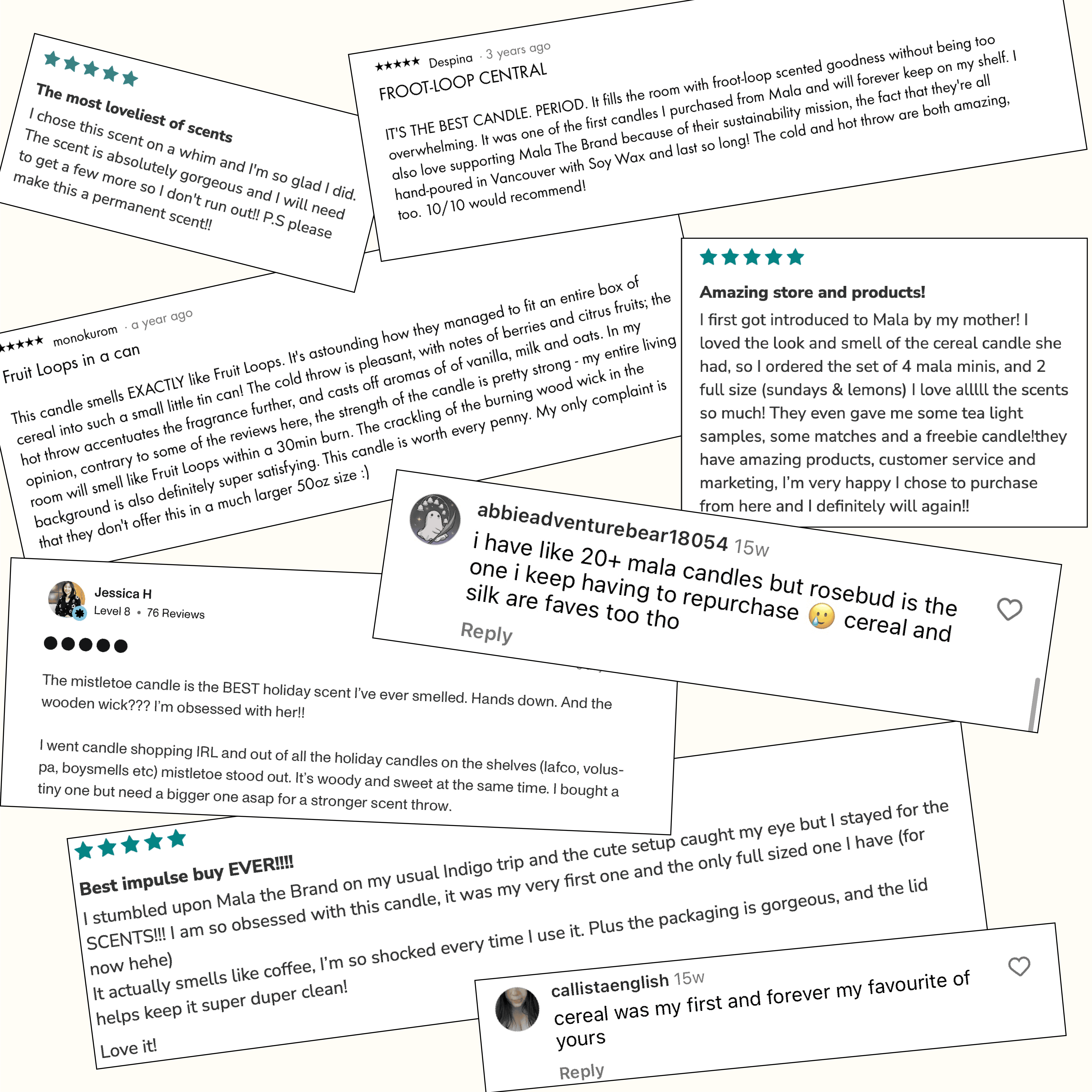 Collage of positive reviews for a candle brand on a white background