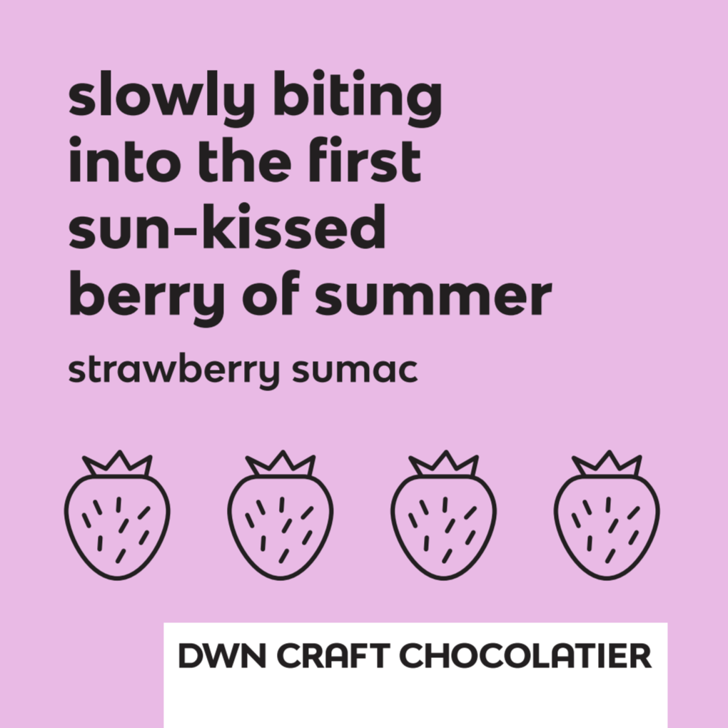 Promotional text for DWN Craft Chocolatier's strawberry sumac chocolate on a pink background with strawberry illustrations.