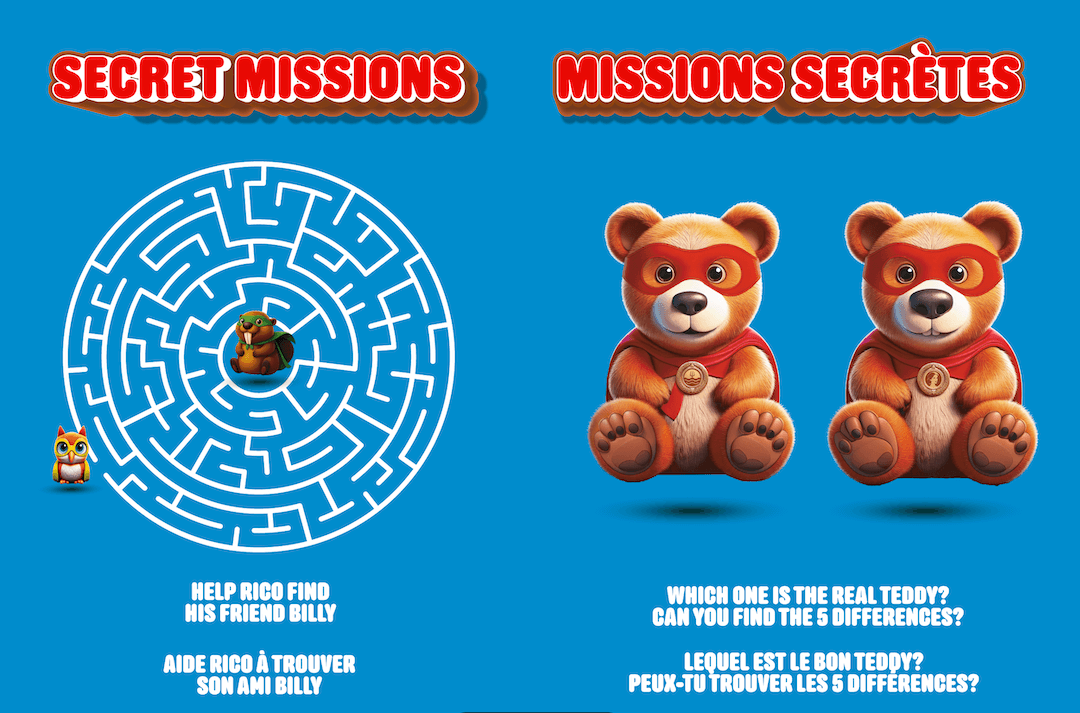 A blue promotional graphic with French text reading 'SECRET MISSIONS' and 'MISSIONS ÉCROËTES' above two teddy bear illustrations. On the left is a white maze with a small owl at the start and a bear at the end.