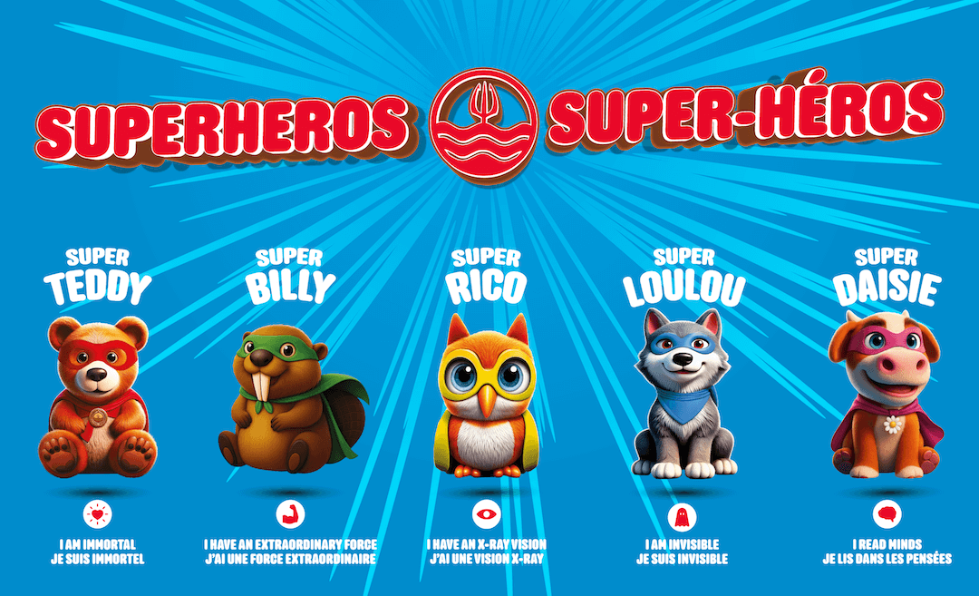 A colorful children's poster or print featuring five cartoon animal superheroes on a bright blue background with radiating light rays. The top reads 'SUPERHEROS SUPER-HÉROS' in large red letters.