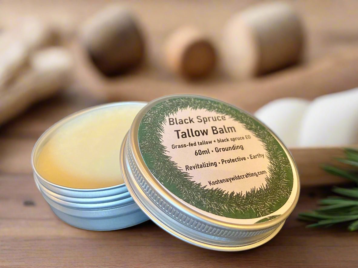Tallow balm container with label on a wooden surface