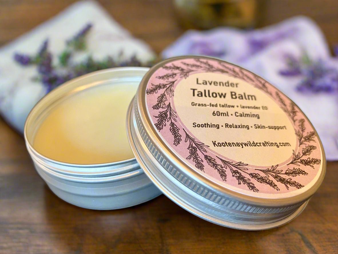 Lavender tallow balm with a pink label on a wooden surface