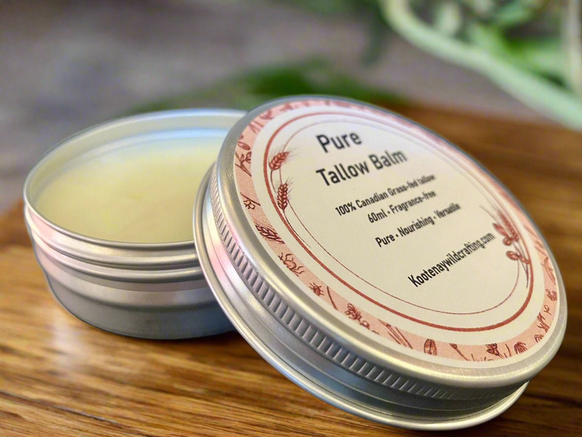 Open tin of Pure Tallow Balm with a visible label on a wooden surface.