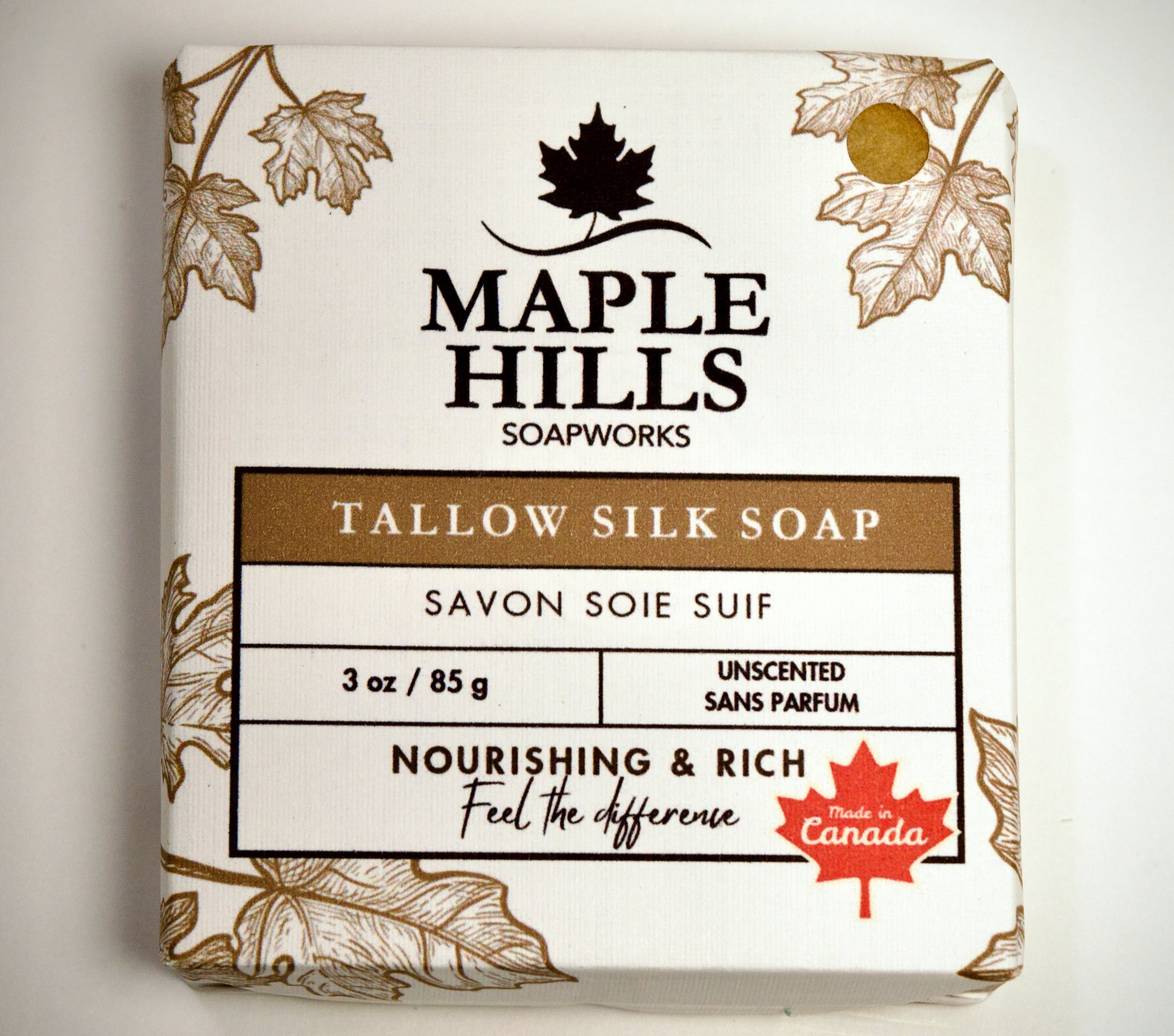 Maple Hills Soapworks Tallow Silk Soap packaging on a light gray background
