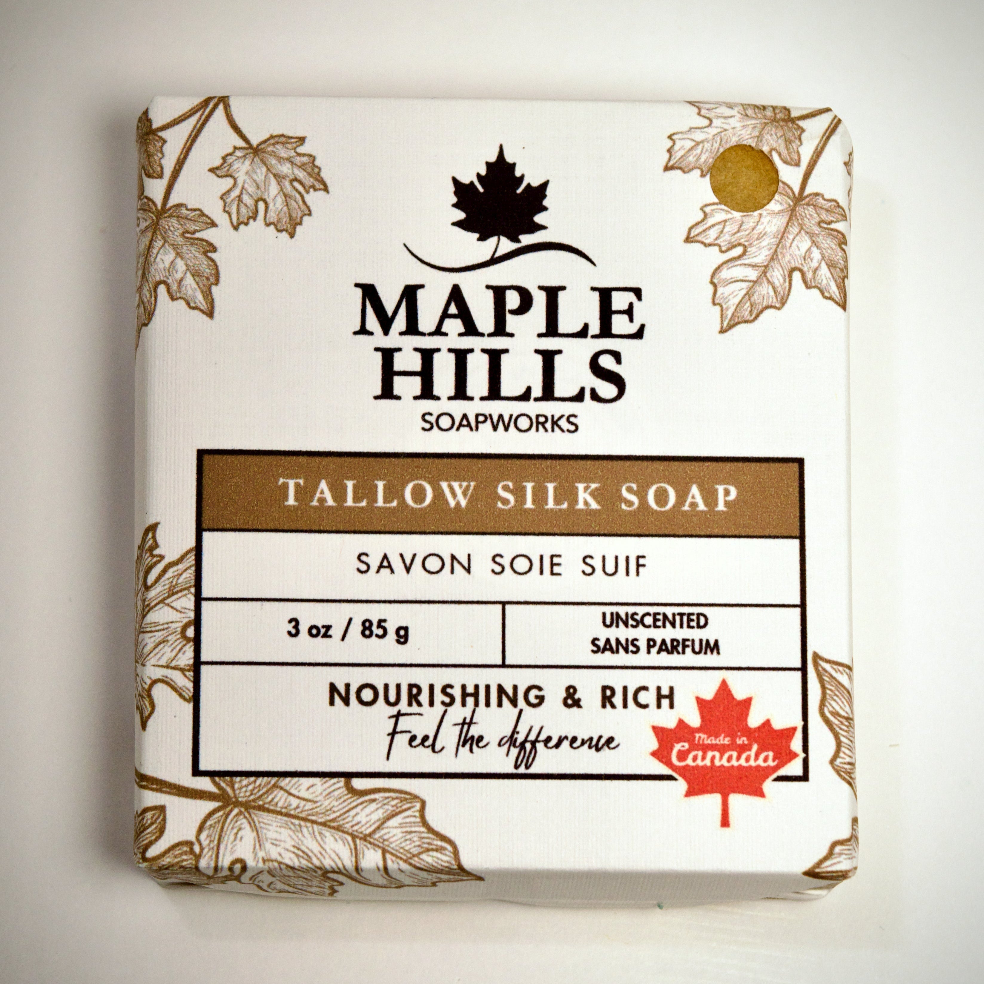 Maple Hills Soapworks Tallow Silk Soap packaging on a light gray background