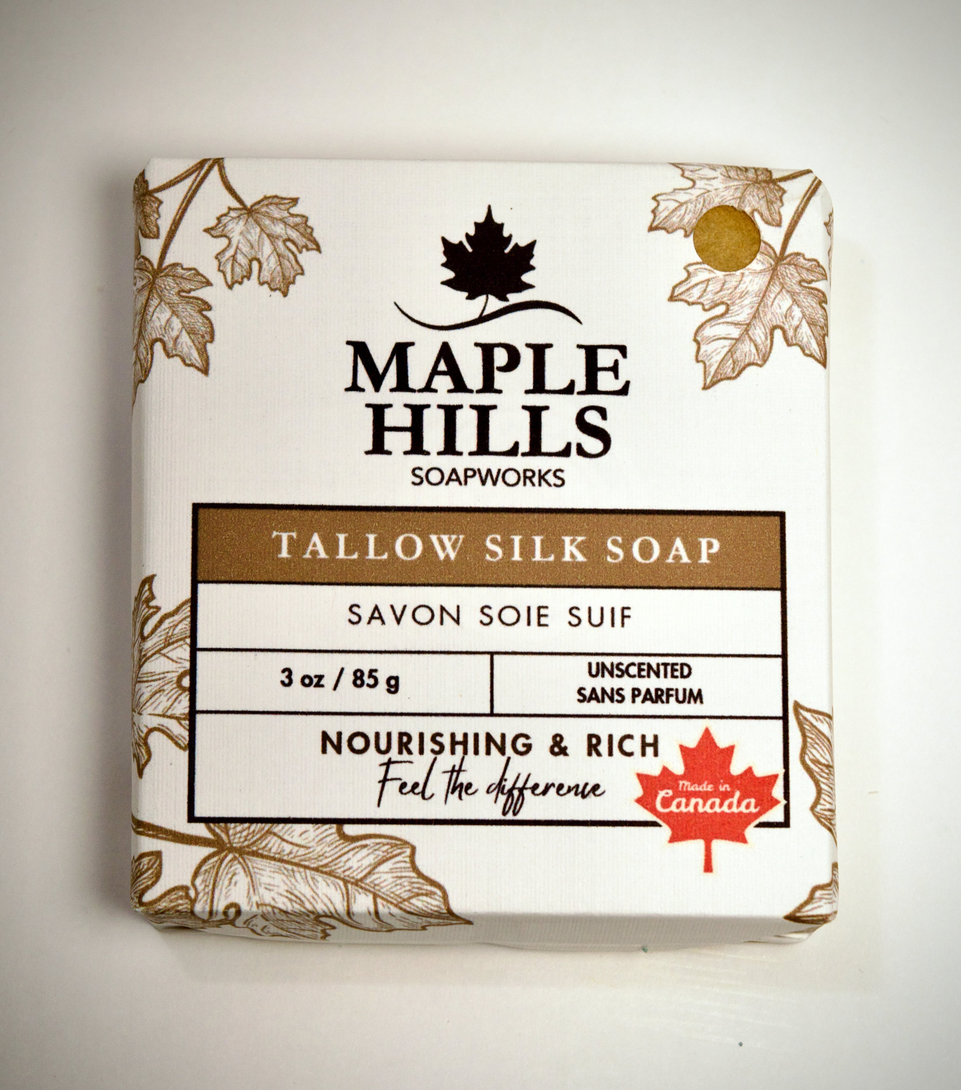 Maple Hills Soapworks Tallow Silk Soap packaging on a light gray background