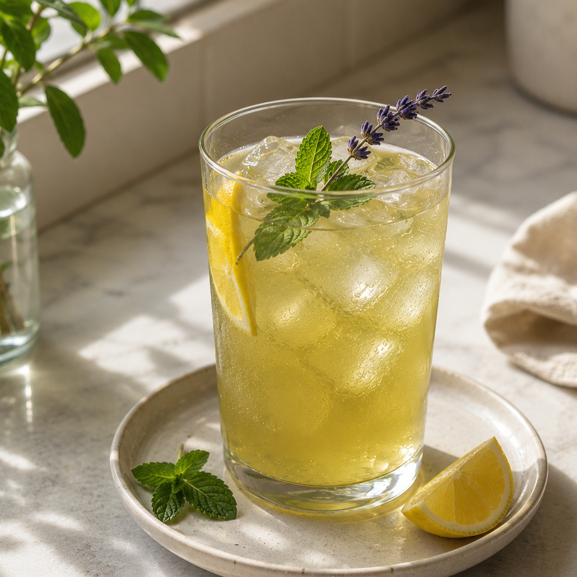 Glass of cold brew green tea with ice and garnishes on a stone surface
