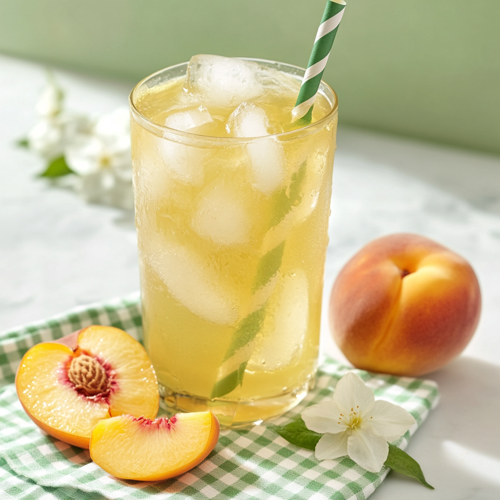 Glass of iced peach lemonade with a straw, surrounded by peaches and flowers on a checkered cloth.