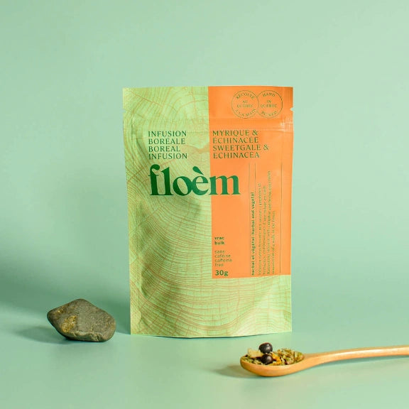Floèm Sweetgale and Echinacea herbal tea loose leaf with spoon