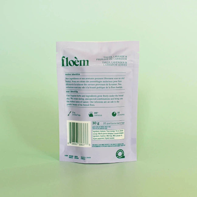 Floèm Thuya and Lavender herbal tea loose leaf packaging with ingredients