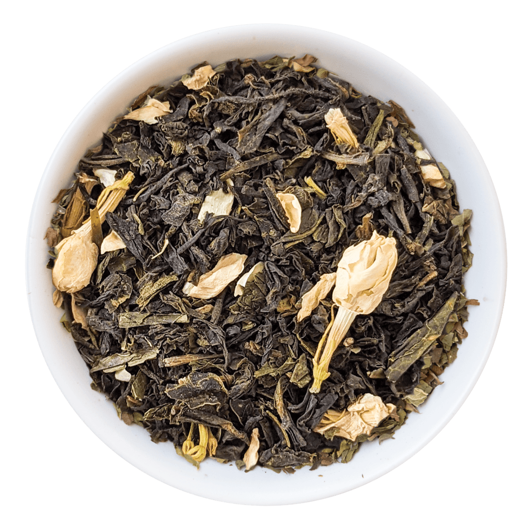 White bowl filled with black tea leaves on a dark blue background