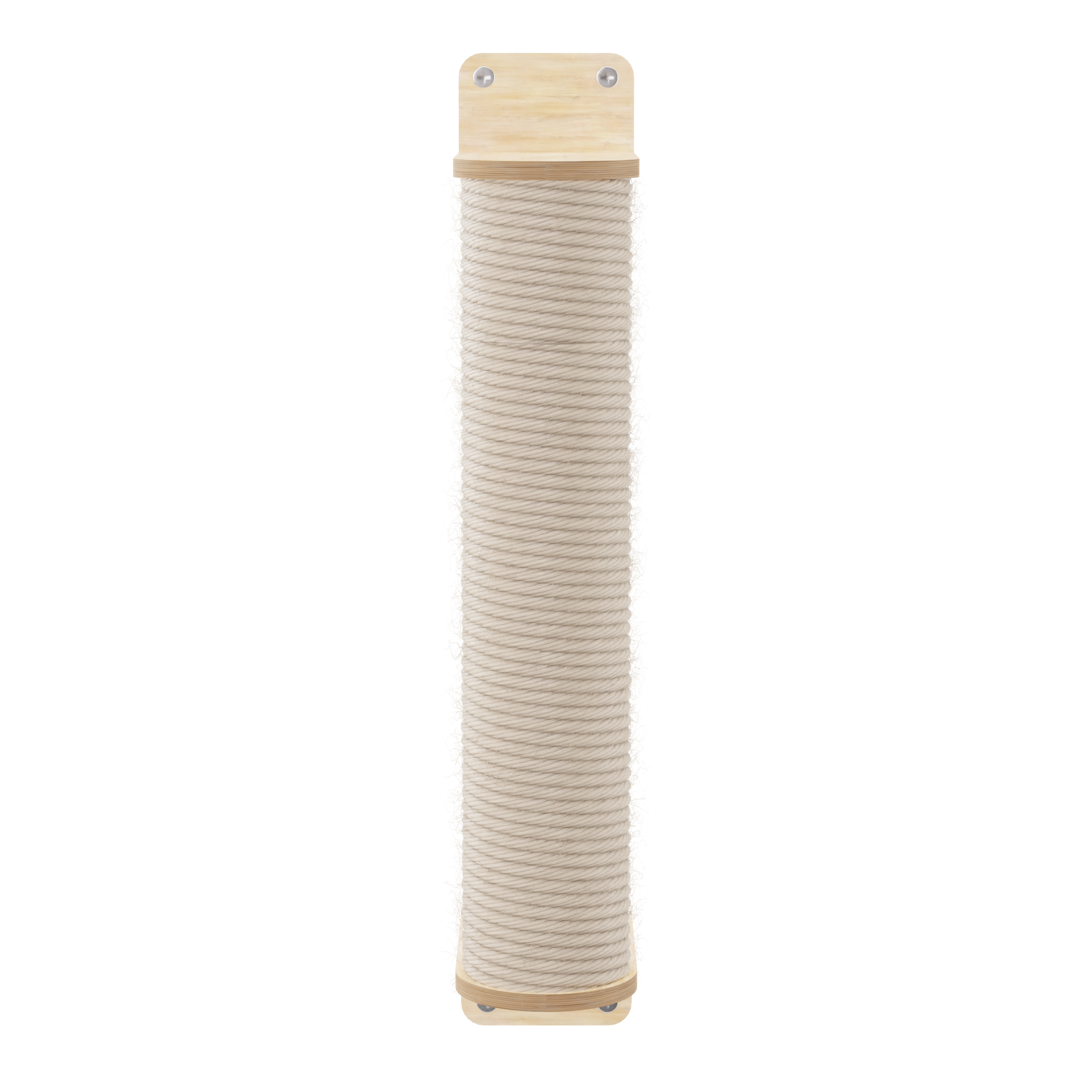 Cylindrical cat toy with beige fabric and wooden top and bottom on a white background