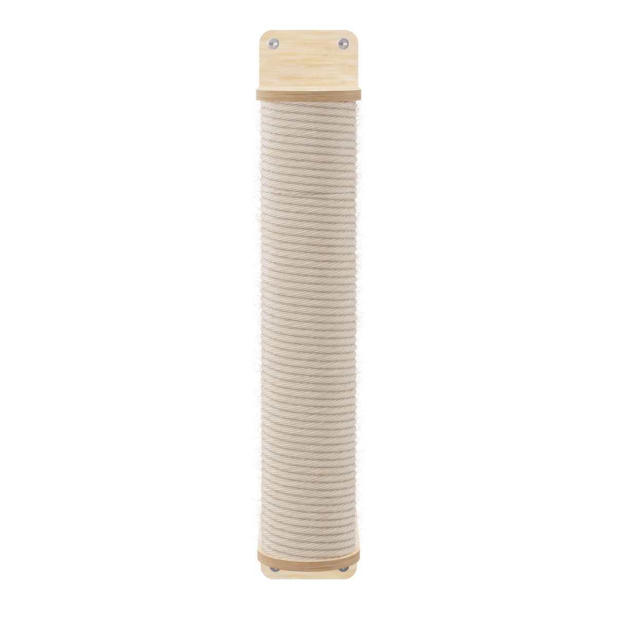 Cylindrical cat toy with beige fabric and wooden top and bottom on a white background