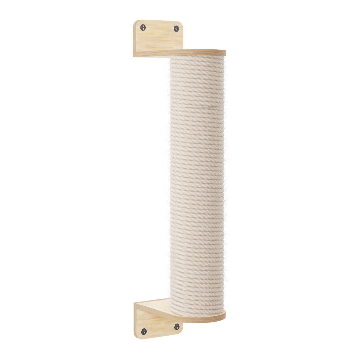 A vertical cat scratching post with a natural wood top and bottom mount and beige sisal rope wrapping, shown against a plain white background.