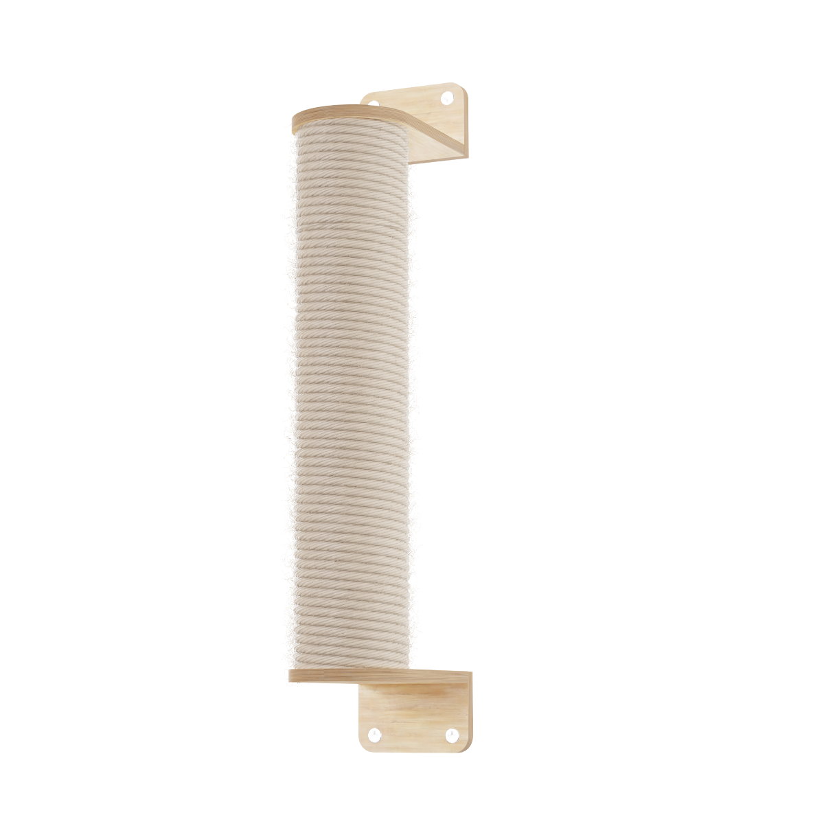 A vertical cat scratching post with a natural wood frame and beige sisal rope, shown against a plain white background.