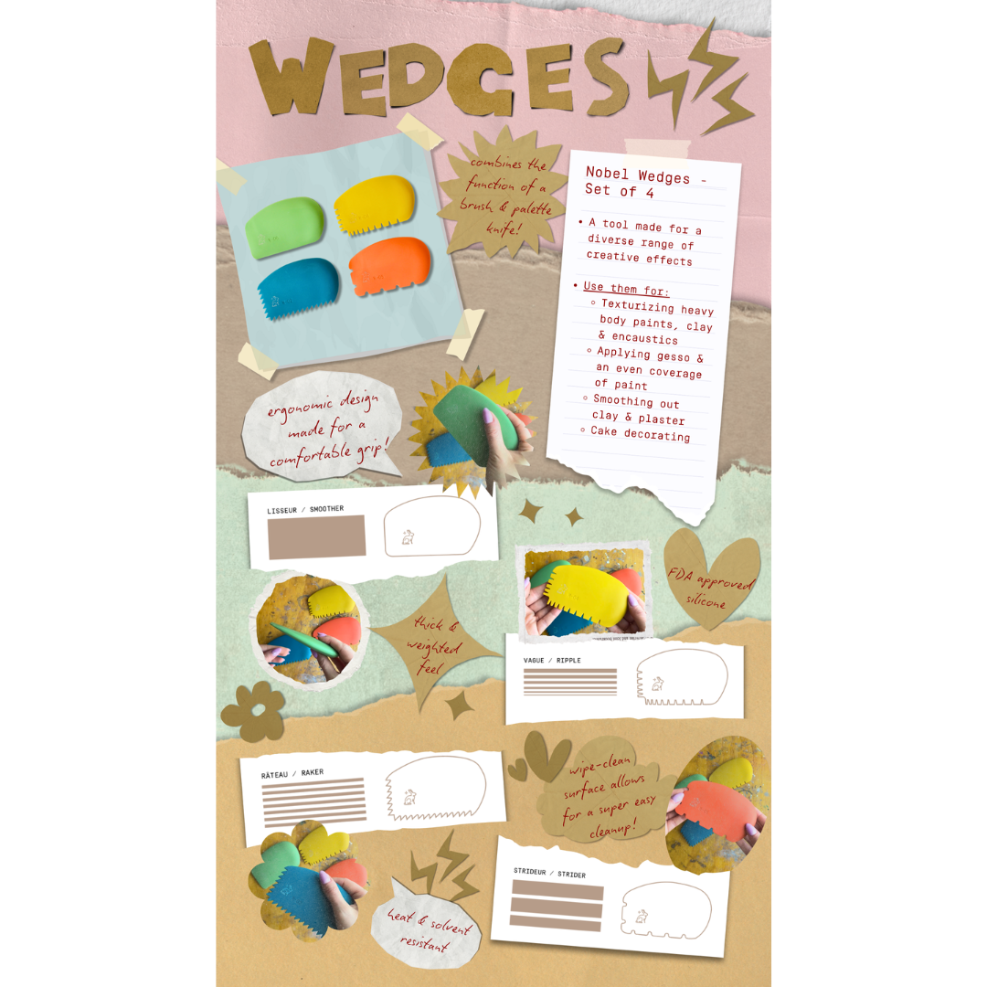 Product packaging for 'Wedges' with colorful wedges and application instructions on a cardboard background.