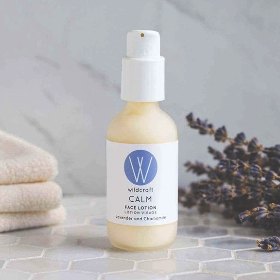 Wildcraft Face Cream Wildcraft Calm Face Lotion on tiled bathroom counter springs of lavender made in Canada