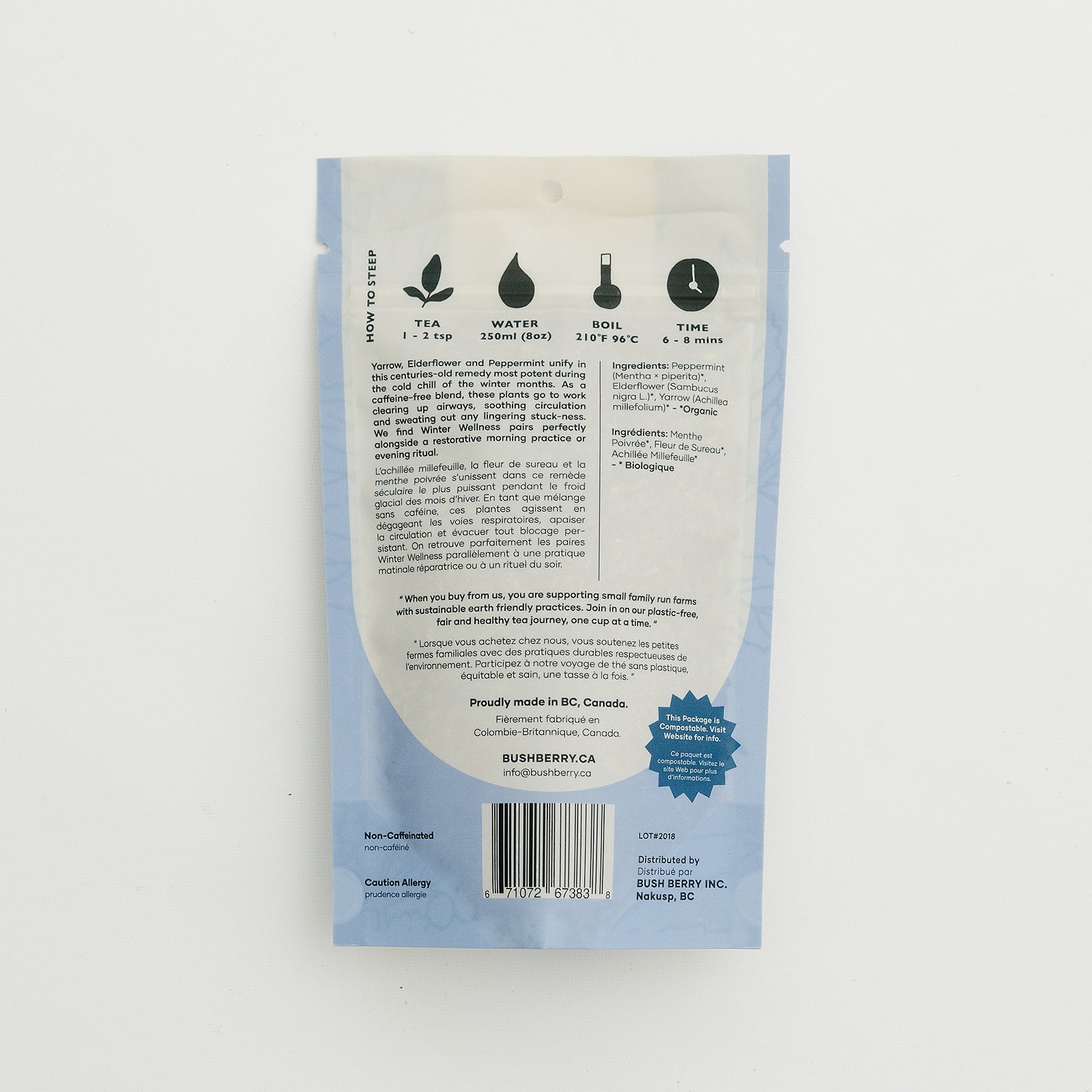 Back of a tea package with brewing instructions and brand information on a white background
