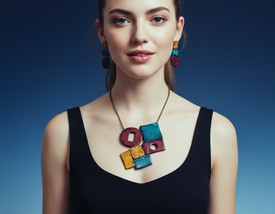 Geometric Statement Necklace, earrings, Maroon, Teal & Mustard Yellow, Handmade Polymer Clay Sassy Sacha Jewelry 2