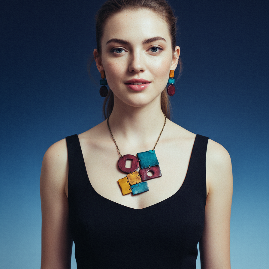 Geometric Statement Necklace, earrings, Maroon, Teal & Mustard Yellow, Handmade Polymer Clay Sassy Sacha Jewelry 2