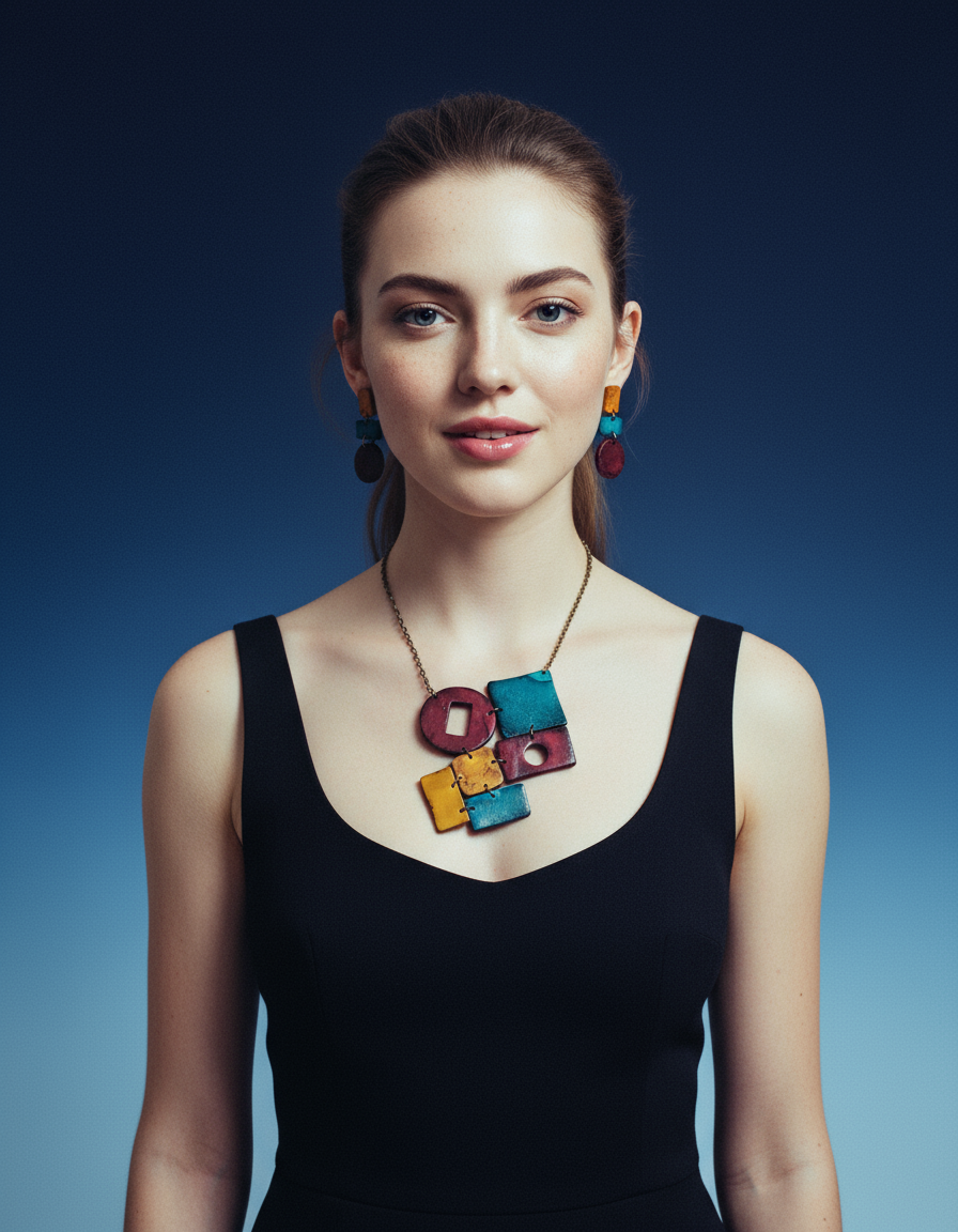 Geometric Statement Necklace, earrings, Maroon, Teal & Mustard Yellow, Handmade Polymer Clay Sassy Sacha Jewelry 2