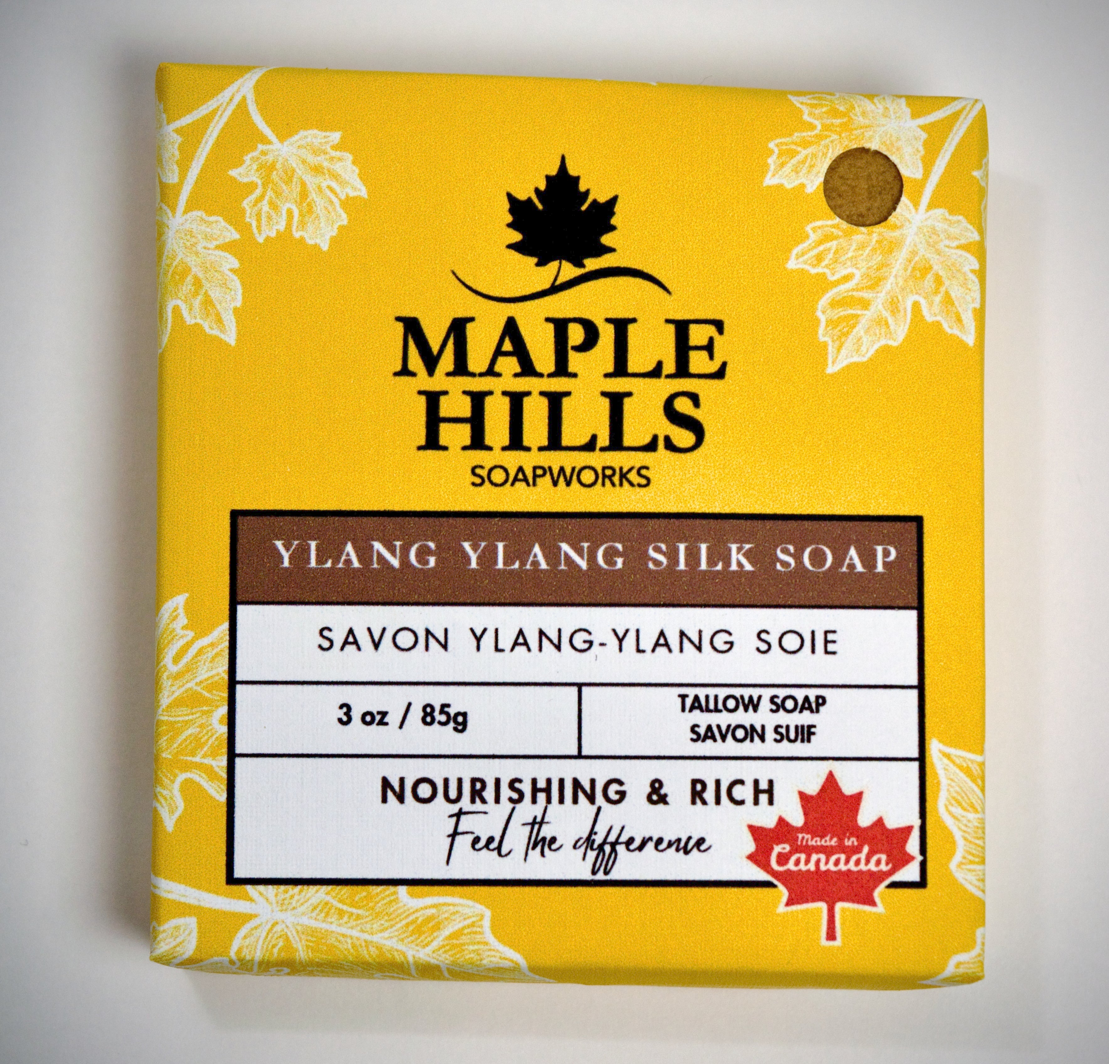 Maple Hills Soapworks Ylang Ylang Silk Soap packaging on a white background