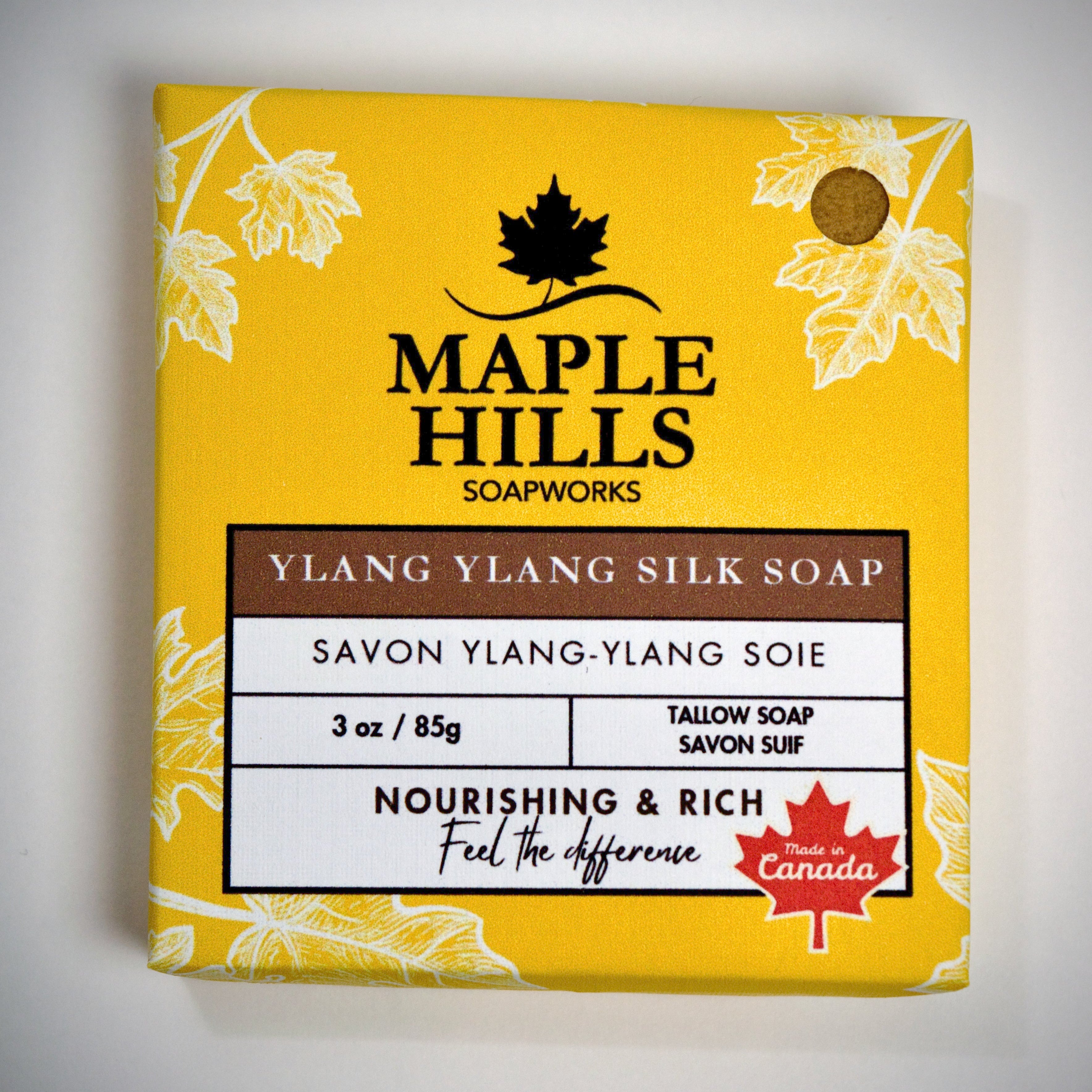 Maple Hills Soapworks Ylang Ylang Silk Soap packaging on a white background