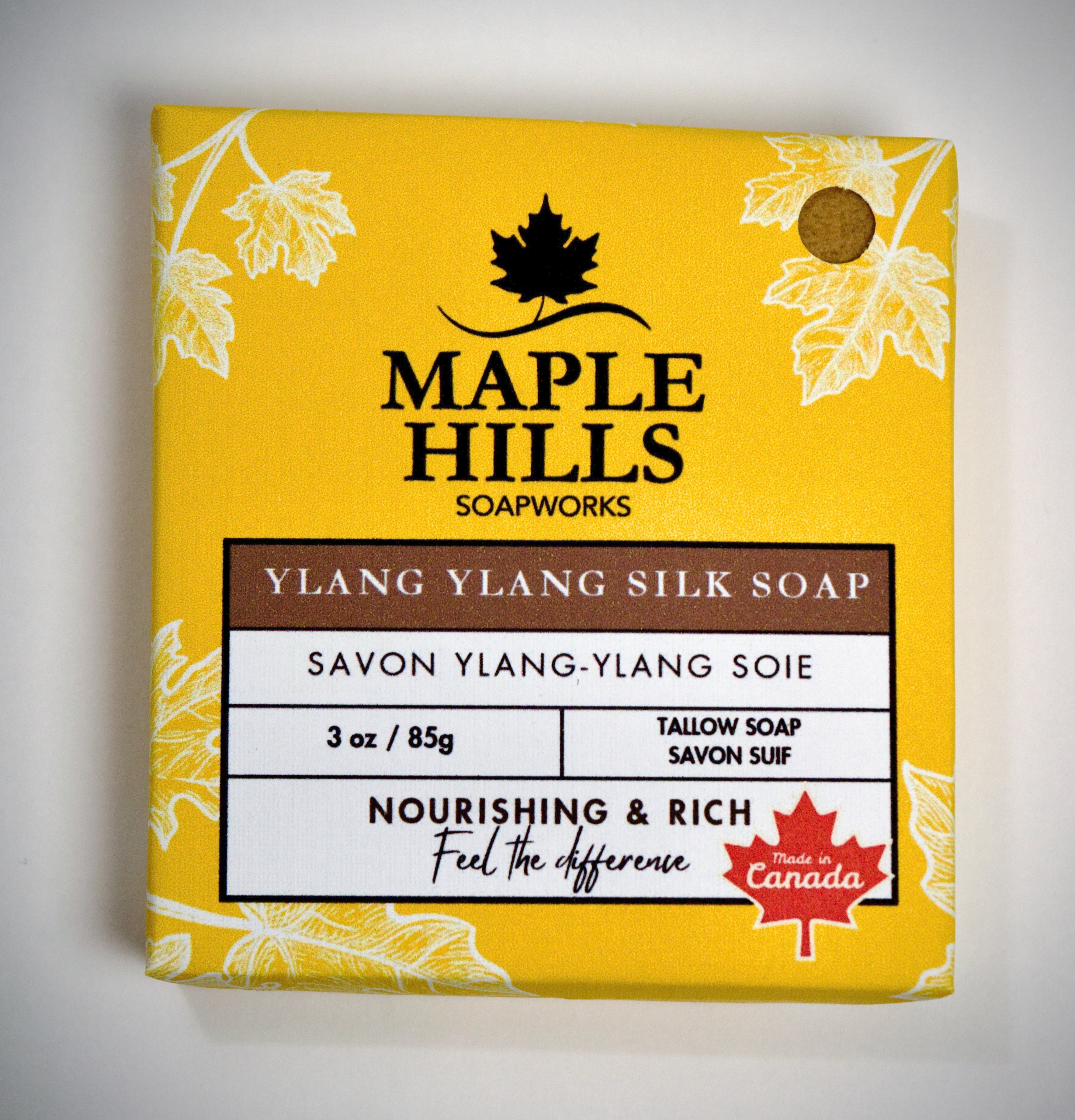 Maple Hills Soapworks Ylang Ylang Silk Soap packaging on a white background